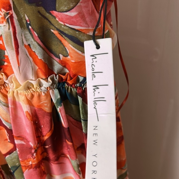 NICOLE MILLER  floral sleeveless halter dress, XL, sheer,chiffon,lined,tiered. - Picture 9 of 15